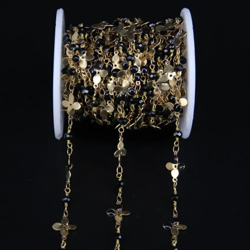 Oil Drip Flower Link Black Glass ChianBlack Crystal Faceted Rondelle Brass Wire Wrapped Rosary Chain Sweater Chain Necklace Jewelry Findings