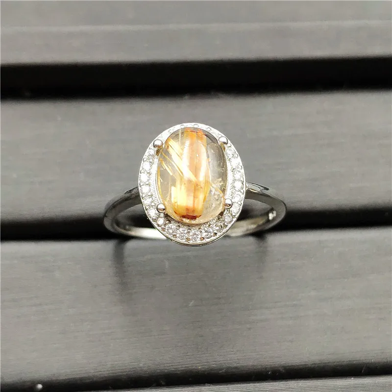 

Fashion Ring Natural Gold Rutilated Quartz 10x8mm Bead Silver Sterling Metal Crystal Adjustable Rings For Woman Anniversary Gift