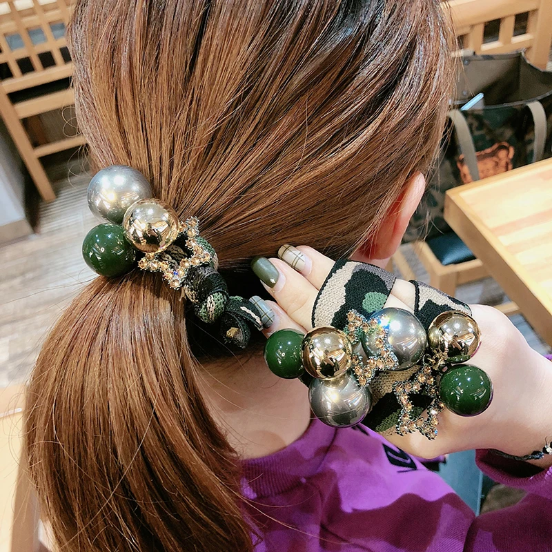 

Fashion camouflage thick rubber band five-pointed star flash diamond bright beads hair ring personality wild head rope accessory