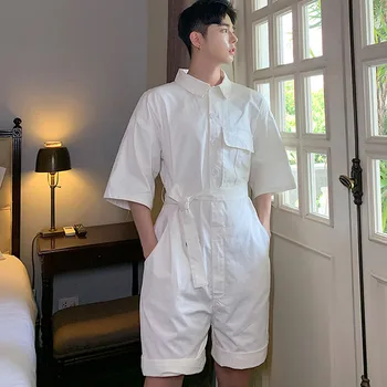 

Men Jumpsuits Summer Short Sleeve Loose Casual Shirt Style Overalls Short Trouser Male Women Streetwear Hip Hop Harem Pants
