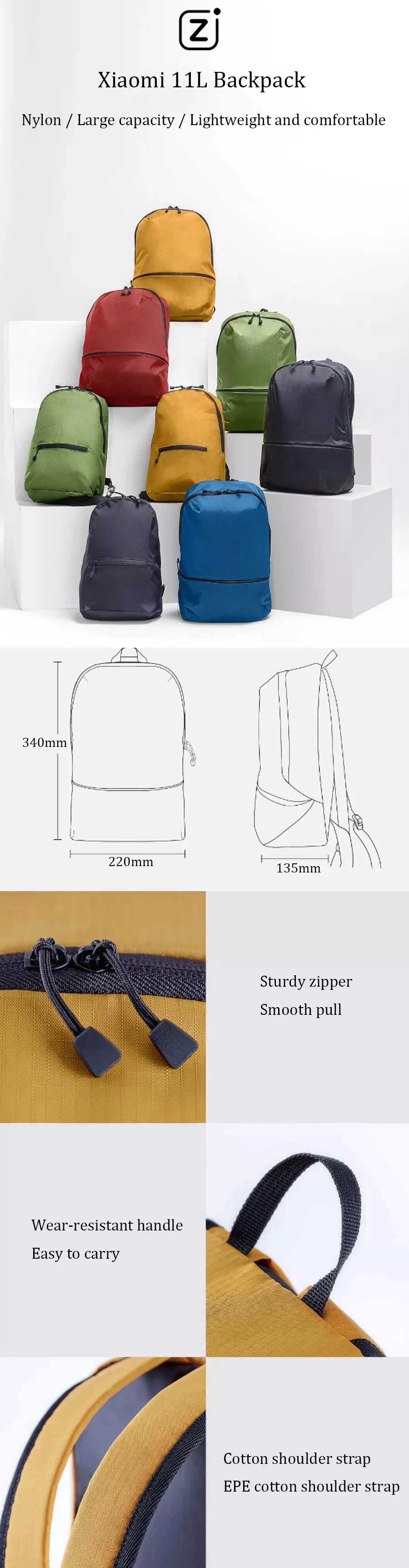 Xiaomi Mi, Zanjia, 11 л, рюкзак, сумка, 5 цветов, 150 г, легкий, городской, для отдыха, для спорта, нагрудная сумка, для мужчин, женщин, сумка на плечо, для путешествий