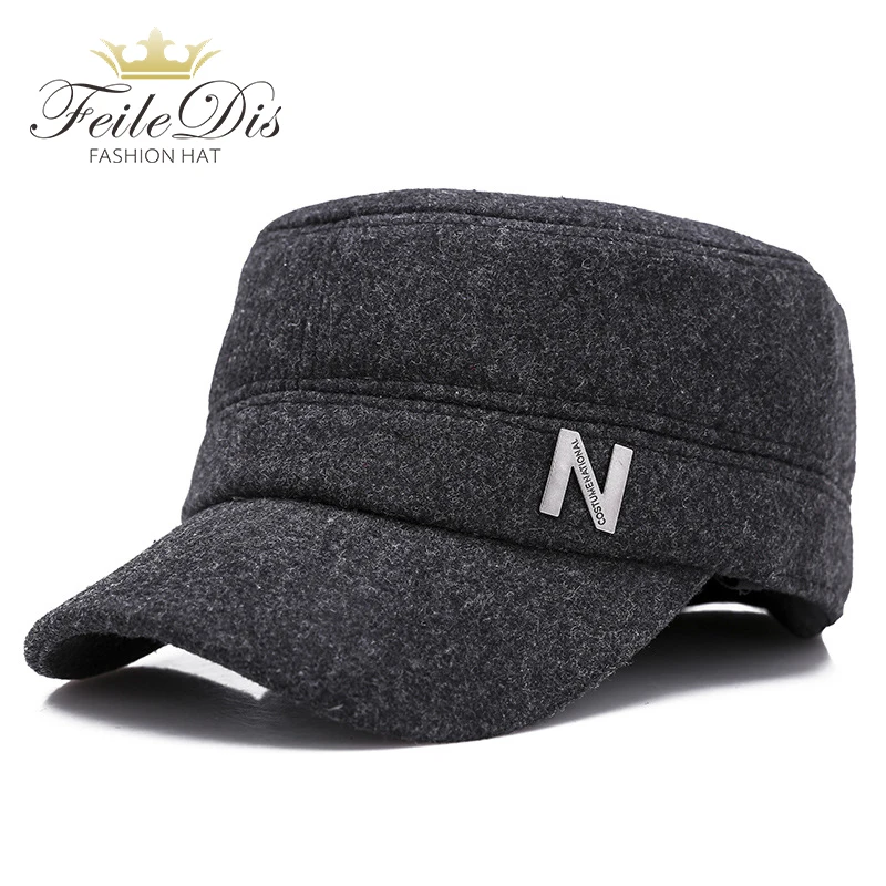 

[FEILEDIS]Men's Outdoor flat cap N letter military cap Winter warm padded protection ear duck tongue cap GLD-113