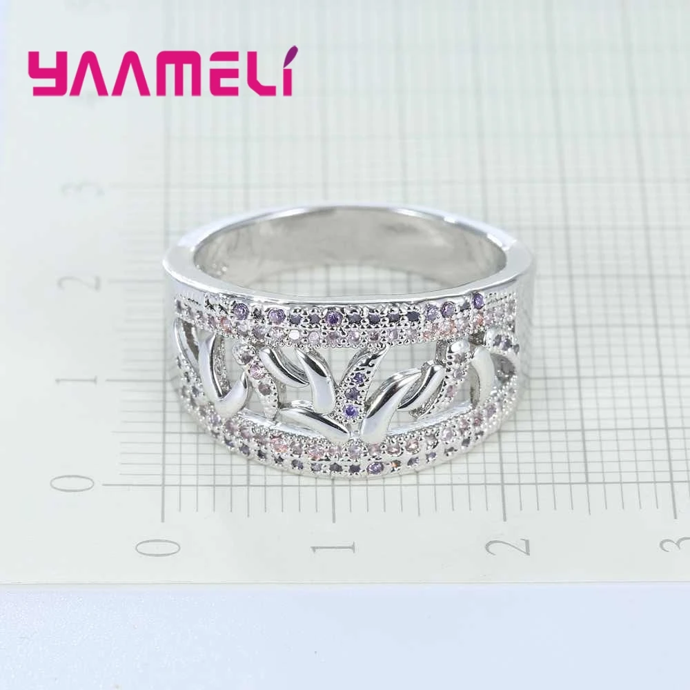 Полые классические 925 пробы серебряные женские свадебные кольца с розовыми и фиолетовыми кристаллами романтический стиль обручальные кольца