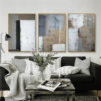 

HAOCHU Triptych Nordic White Black Grey Square Picture Modern Poster Hand Painted Canvas Painting Wall Art for Living Room Decor