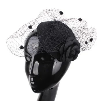 

Women elegant Black wool felt fascinators hats mesh headwear lady fedora hat bridal married flower veils millinery hair clips