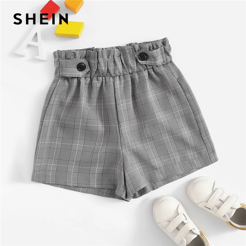 

SHEIN Kiddie Grey Elastic Waist Button Plaid Casual Shorts For Girls 2019 Summer Fashion Korean Style Girl Kids Short Pants