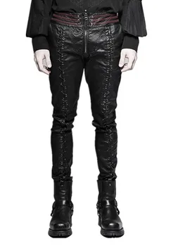 

Steampunk Men Lace-up Leather Pants Gothic Vampire Bloody Elastic Waist PU Trousers Rock Black Stright Pants