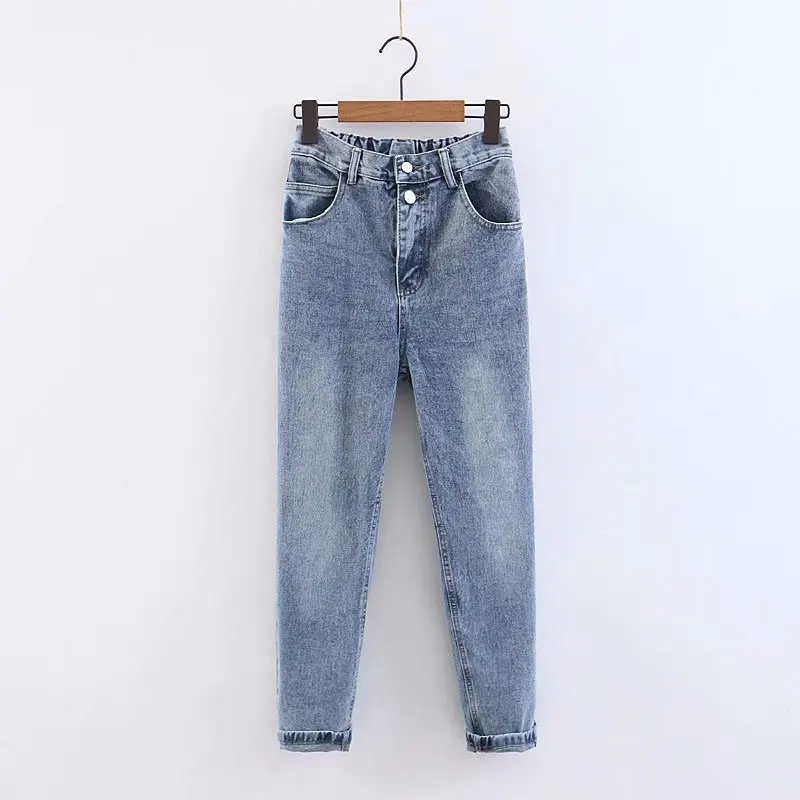 

Korean women's clothing Spring and autumn new wild slim two-button buckle elastic jeans Simple light high waist harem pants
