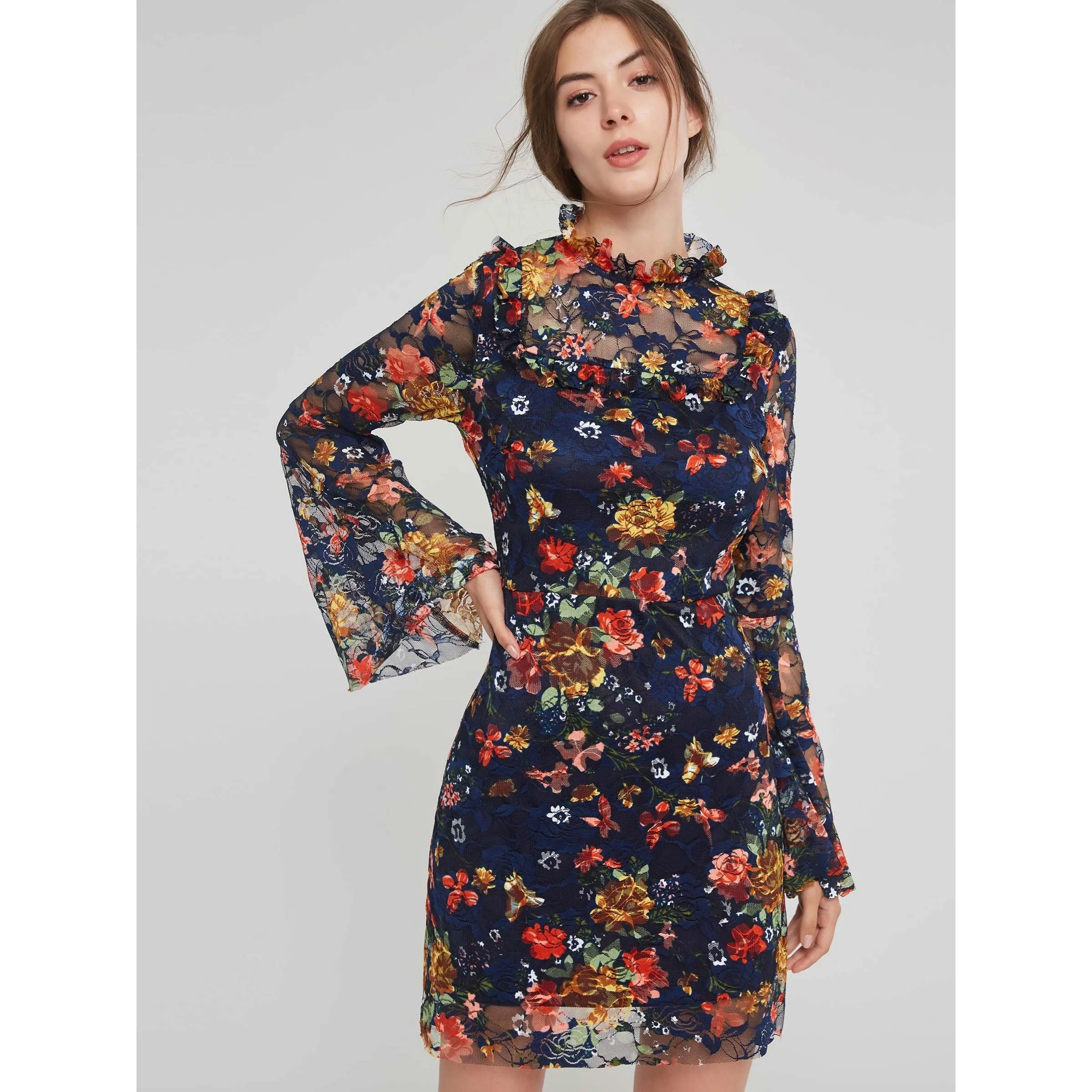 Женское мини-кружевное платье Boho элегантное милое цветочное Плиссированное
