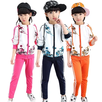 

2018 children's wear Girls Spring and Autumn Print Sports Set Teen Butterfly Ink Flowers Long Sleeve Casual zipper Two-Piece Set