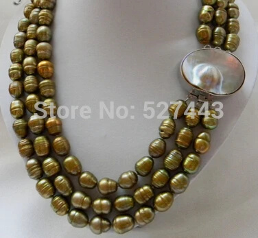 

Wholesale 3Strands 20'' 11mmx14mm Green Rice Freshwater Pearl MABE Clasp Necklace (A0502)