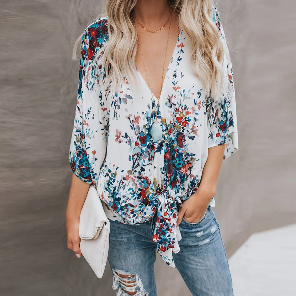 2018 Summer Style Women Blouses Chiffon Oversized Floral Print V-Neck Three-Quarter Sleeve Lace-Up Sexy Holiday Casual |