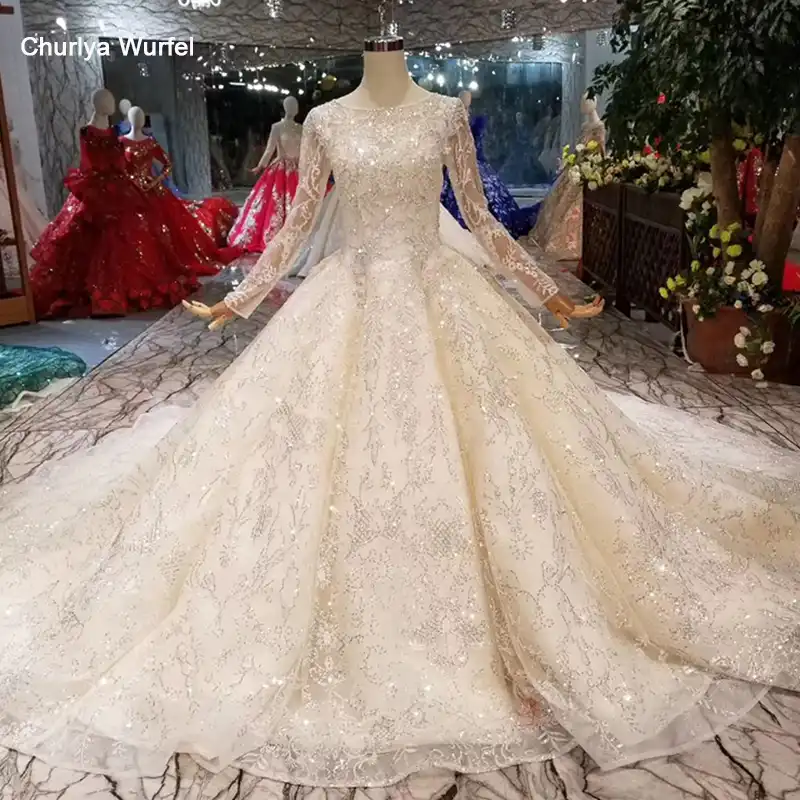 Htl006 Vestido De Novia De Encaje Dorado Cuello Redondo Mangas Largas Vestidos De Boda Brillantes Champan De Lujo Vestido De Fiesta De Boda 2019 Aliexpress