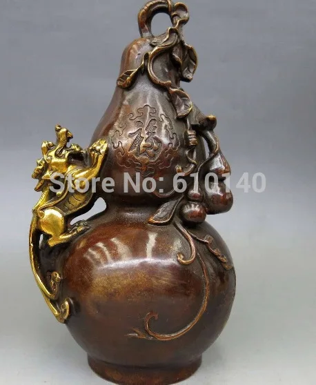 

10" Chinese Feng Shui brass copper carved lucky dragon Gourd Sculpture Statue