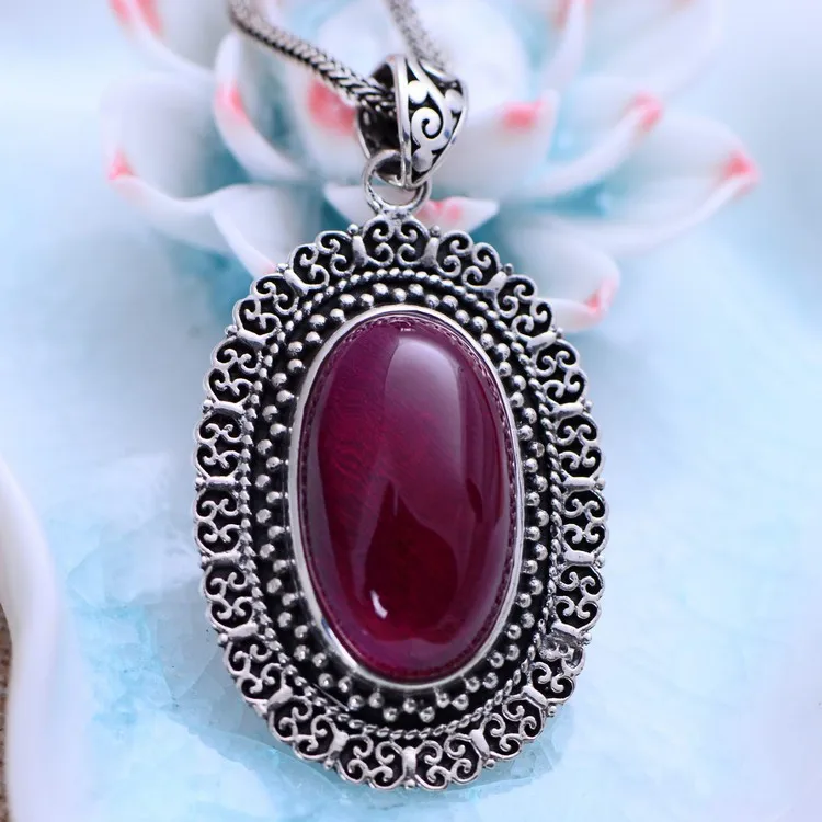

S925 silver inlaid antique style female exquisite pendant oval style atmosphere