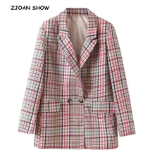 Осенний двубортный клетчатый блейзер с пуговицами в клеточку в стиле бойфренда друга, Женский костюм с длинными рукавами средней длины, пальто