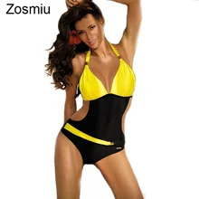 

New High Quality Metal Button Swimwear Women Sexy Deep V Patchwork One Piece Swimsuit Bodysuit Brazilian Bathing Suit Beachwear