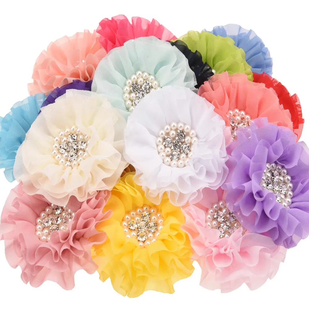 

4PCS Pearl Rhinestone Cluster Flower Chiffon Rosette Flowers Hair Accessories Hair Flower Without Hairclips No Barrette Bows