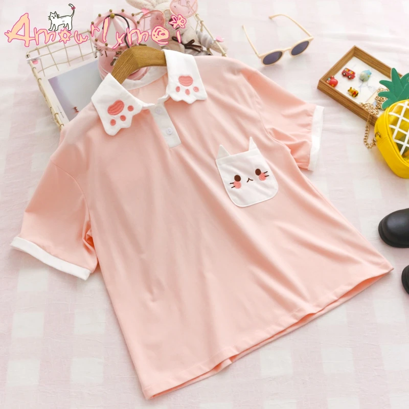 

Japanese Style Mori Girl Cute Cartoon Cat Embroidery Pocket Turn-down Collar Loose Short Sleeve Cotton T-shirt Tops Pink Blue