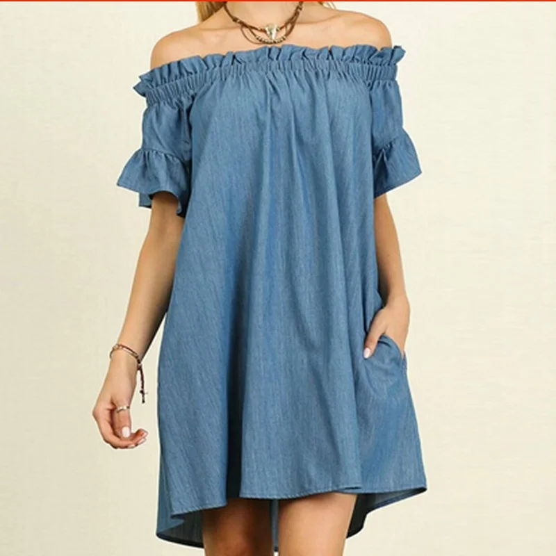 

women Off Shoulder Short Sleeve Pockets Loose Casual Shirt Dress Women Mini Denim Sundress Plus Size Summer Denim Dress 5xl