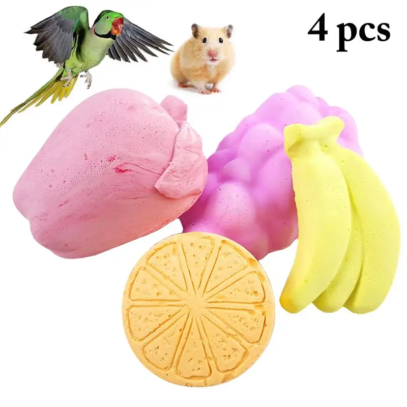 4PCS Rabbit Chinchilla Guinea Pig Squirrel Bite Molar Bird Parrot Hamsters Chew Toy Fruit Shaped Pet Grinding Toy Mineral