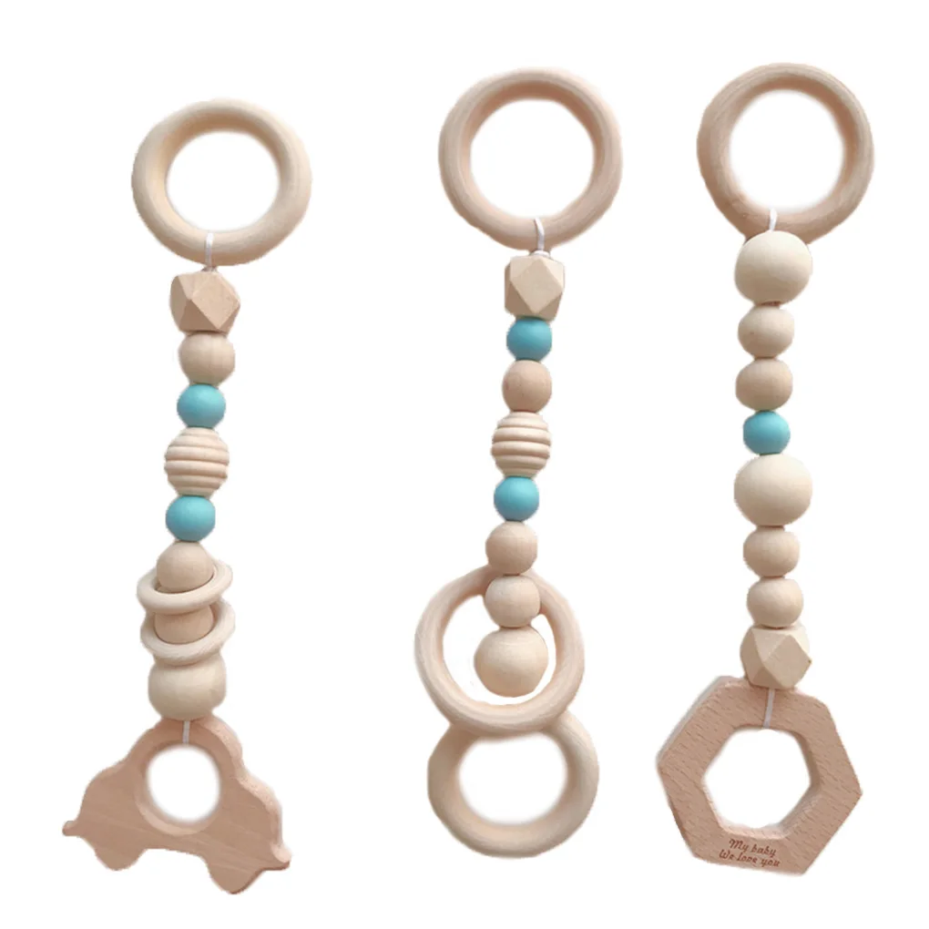 New 3PCS/Set Baby Play Gym Silicone Beads Wood Teether Toddler Hanger Rattle Wood Ring Teething Toys Newborn Baby Pram Toy - Цвет: NO.5