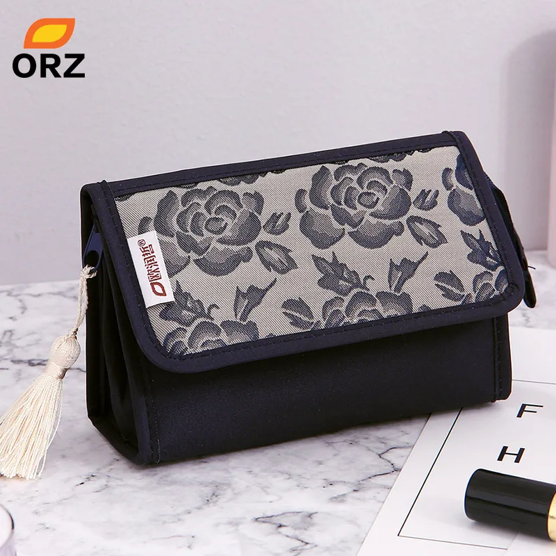 

ORZ Pretty Rose Pattern Cosmetic Organizer Makeup Bag With Mirror Travel Toiletry Pouch Portable Storage Box Cosmetic Makeup Bag