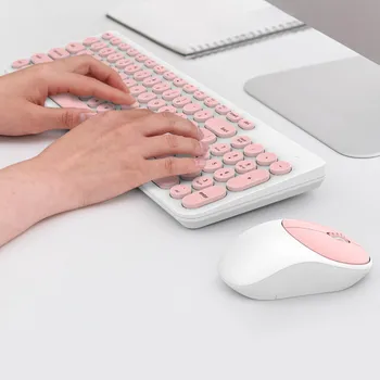 

Women Office Wirless Keyboard Mouse Combo Cute Pink Round Keycaps Keyboard 1600DPI Optical Mouse Suit for ASUS Acer HP Lenovo