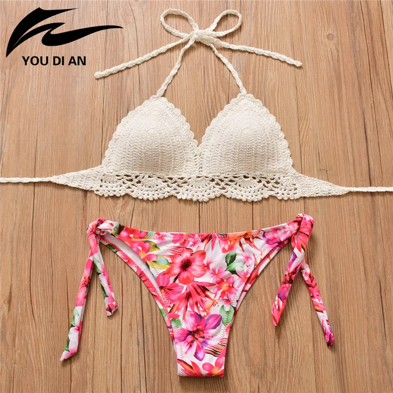 sexy Handmade Crochet Bikini Set Push Up Swimwear Bordered Halter Swimwear Floral Print Beach Bathing Suit thong mujer 2018