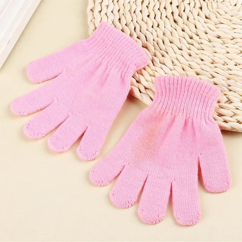 Одноцветное Цвет детские перчатки Зимние теплые детские перчатки дети трикотажные Стретч варежки полный палец трикотажные перчатки