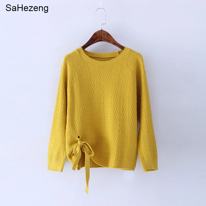 

Spring Autumn Women Pullovers Sweater Knitted Elasticity Casual Jumper Bow Fashion Loose Female Casual O-Neck Sweaters S47