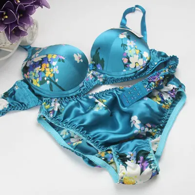 Printing Bra Set 100% Silk Underwear Bra + Underwear Silk Protein bra and thong set Bra & Brief Sets