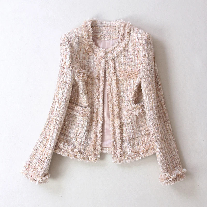 

Women fashion elegant tweed coat fringe tassel chains pockets office lady formal outerwear new 2018 autumn green gold JC2570