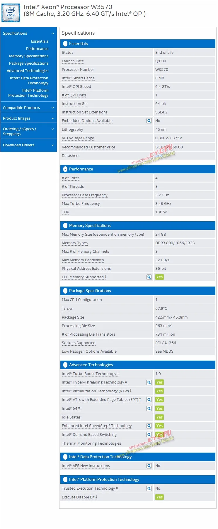 Процессор Intel Xeon W3570 cpu/3,2 ГГц/LGA1366/8 Мб кэш L3/четырехъядерный/серверный cpu, есть, X 5570 cpu