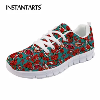 

INSTANTARTS Hot Sugar Skull Design Women Sneakers Retro Lace Up Flats Shoes Breathable Comfortable Air Mesh Ladies Shoes Zapatos