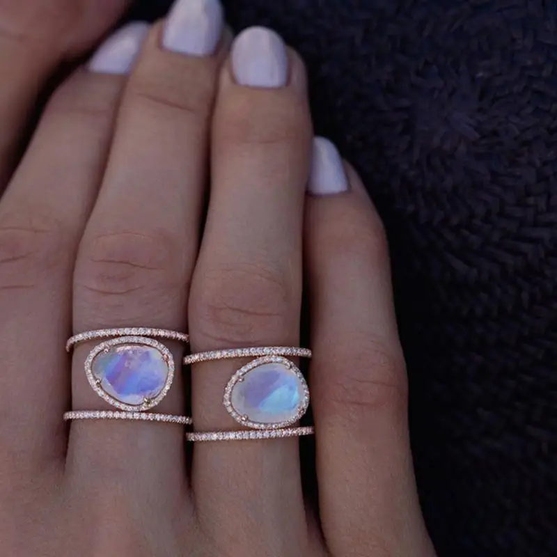 Fashion Jewelry Exquisite Ring Women Moonstone Rose Gold Engagement Ring For Party Wedding