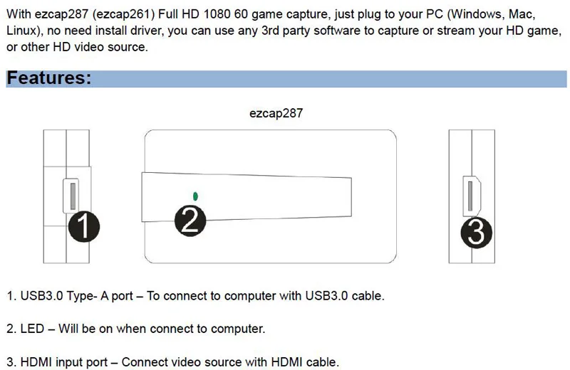 Ezcap287 HDMI Карта видеозахвата USB3.0 HD игра видео рекордер устройство 1080P 60fps прямая Потоковая поддержка OBS студия Windows Mac