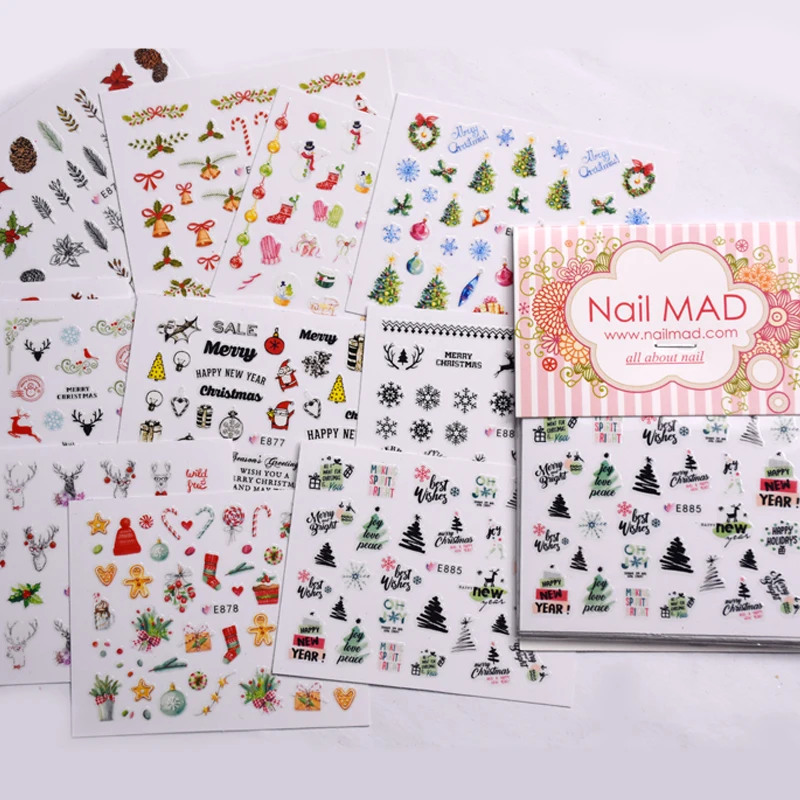 

11 sheets Christmas Theme Nail Stickers Xmas Socks Bell 3D Nail Sticker Decals Snowflake Snowman Santa Nail Tattoos Decoration