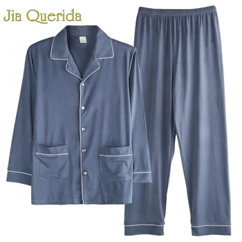 

Royal Blue Men Sleepwear Modal Pajama Fashion Solid Home Sleeping Suits for Men Long Sleeve High Quality Two Piece Male Pj Set