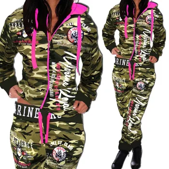 

2019 New Women' Fashion 2 Parts Hooded Sweatsuit Pattern Printed Tracksuit Two Piece Tops and Pants Women