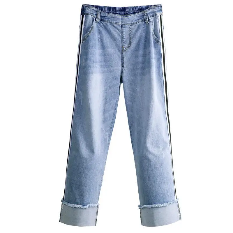 Nonis/эластичные свободные женские джинсы с высокой талией; Летние Стрейчевые прямые джинсовые брюки для студентов; повседневные брюки