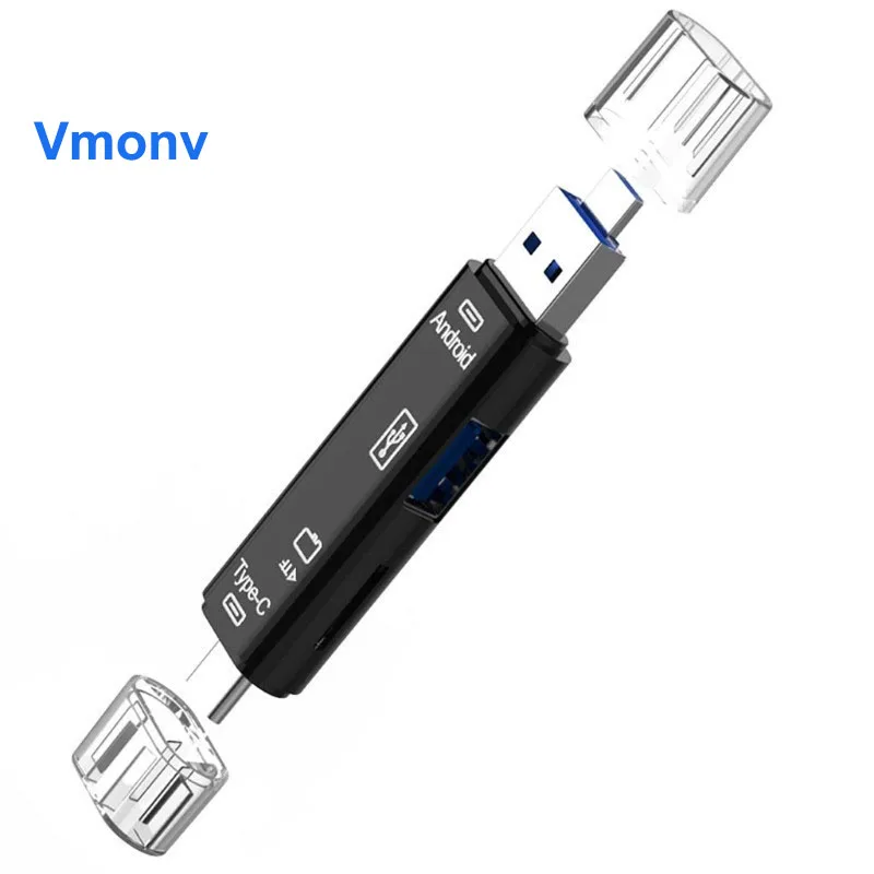 Vmonv 3 в 1 type-C Кардридер высокоскоростной USB 2,0 TF Micro SD адаптер для чтения карт OTG интерфейс для ПК Android Phone Mac - Цвет: Черный