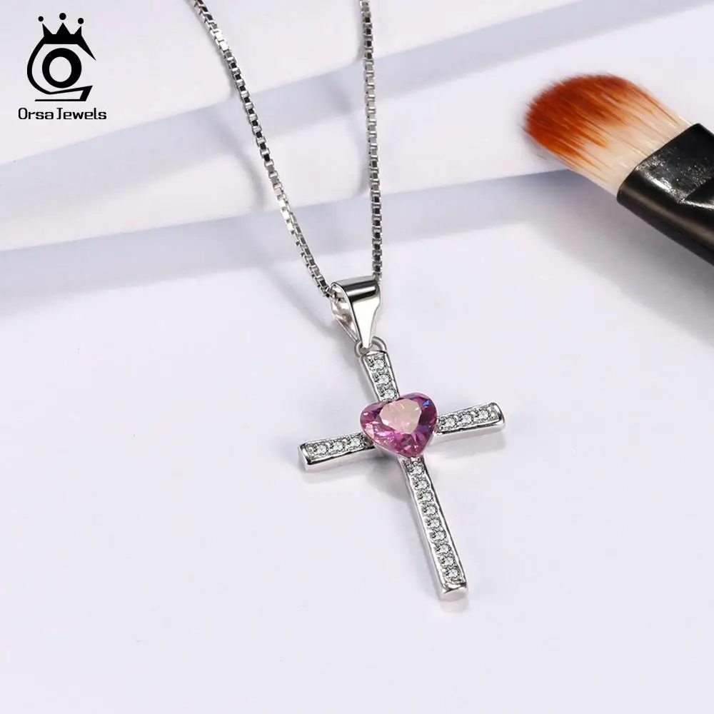 ORSA JEWELS, подлинное 925 пробы Серебряное сердце с подвеской в виде Креста для женщин, ожерелья AAA CZ, Модные женские ювелирные изделия ASN88