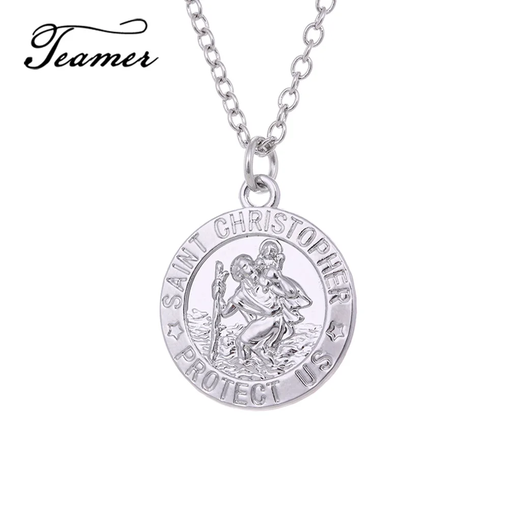 

Teamer Saint Christopher Medal Pendant Necklace Catholic Protection Religious Jewelry Accessories Gold/Silver Color Link Chain