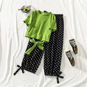 

kpop Blackpink women summer Fresh sweet 2 piece set girls student bow-Knot short-sleeved t shirt wave point pants two piece set