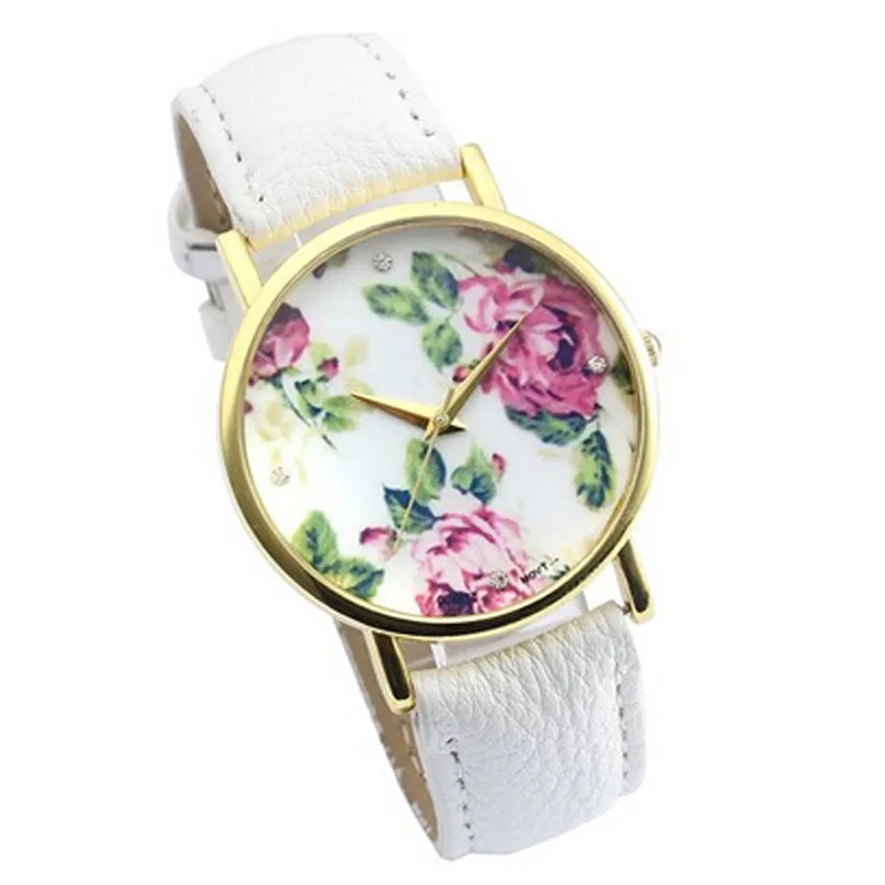 Для женщин Часы модное розовое кожаный ремешок Цветочный принт кварцевые аналоговые простой Повседневное наручные часы для Для женщин