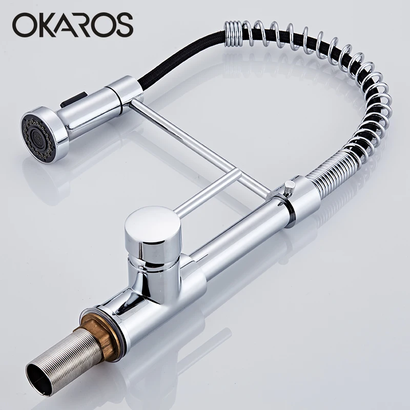  OKARO Chrome Finished Kitchen Faucet Pull Out Spring Style Swivel Dual Sprayer Outlet Nozzle Water  - 32845665475
