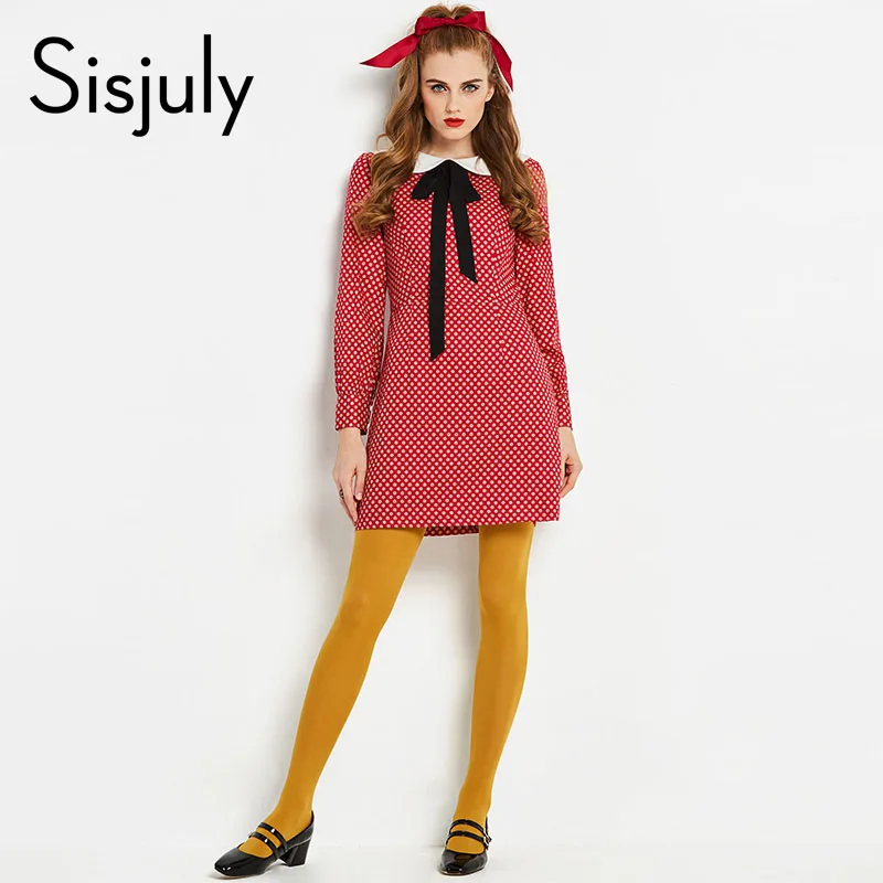 

Sisjuly women polka dot bow vintage dresses mini a line turn-down collar elegant cute female retro work party dresses zipper