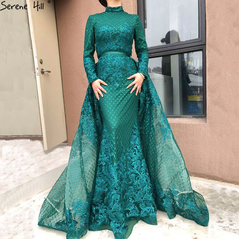 Мусульманское платье-Кафтан с длинным рукавом и высоким воротником, Дубай, зеленое кружевное платье-русалка, вечернее платье для выпускного вечера, платье с юбкой, BLA6542