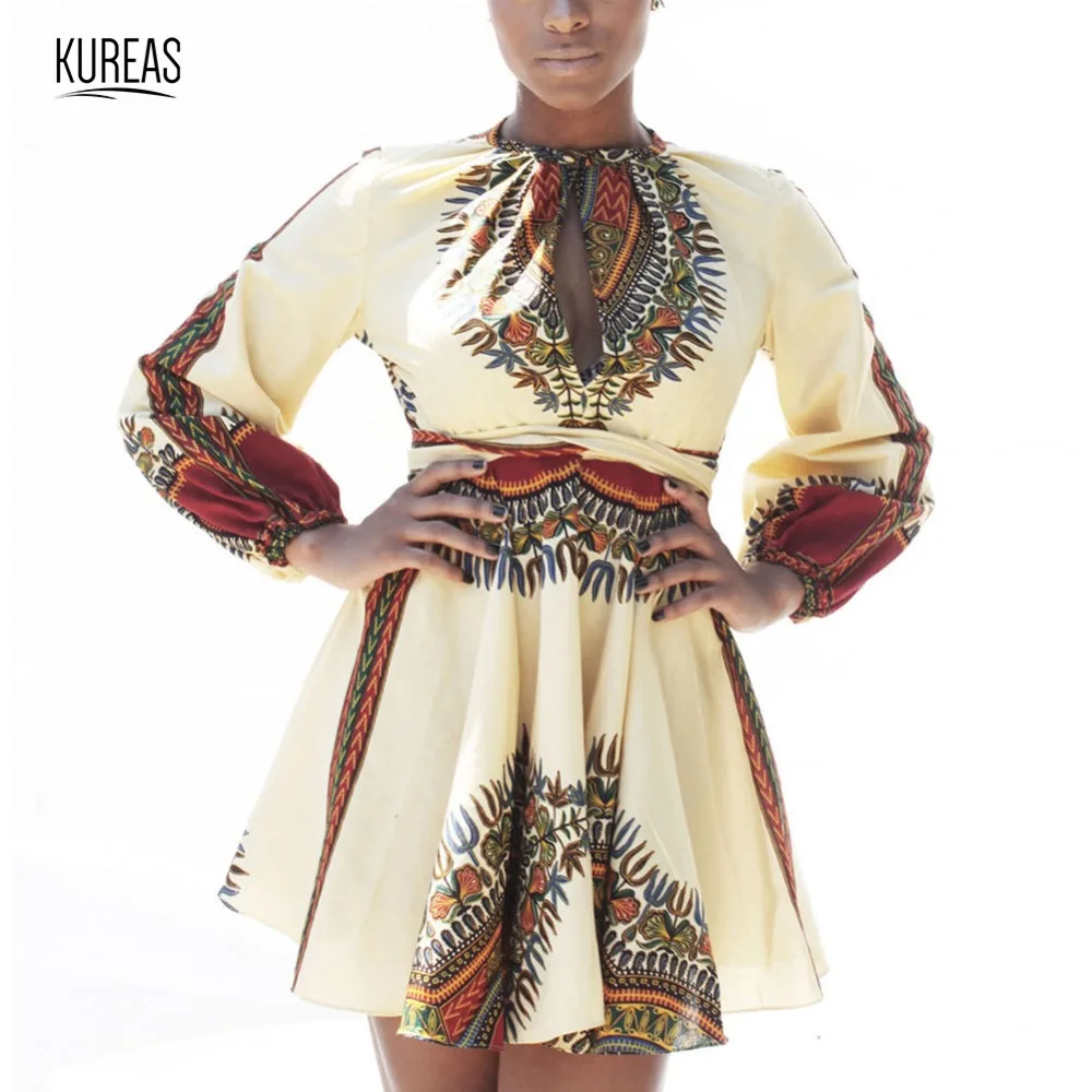 

Kureas Women's Traditional African Print Dashiki A-line Skater Dress Long Sleeve Round Neck Africa Clothing